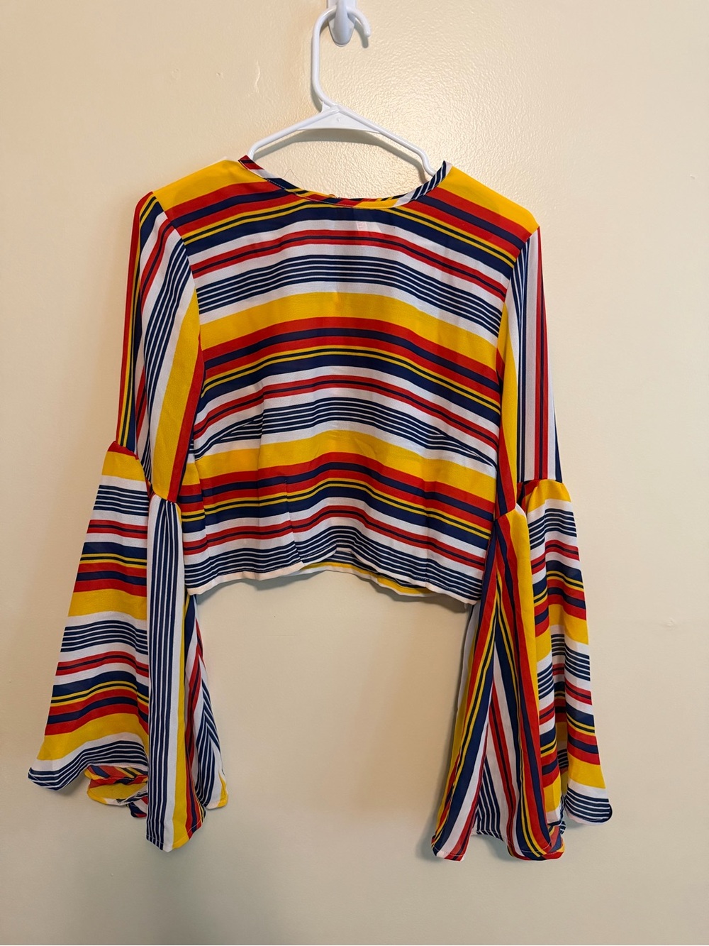 True Destiny Multi-Stripe Bell Sleeve Crop Top in Yellow, Red & Navy